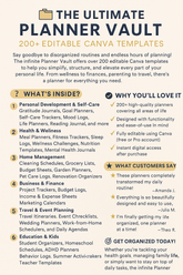 Promotional graphic for 'The Ultimate Planner Vault' with features and benefits listed.
