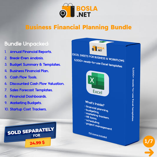 BOSLA.NET Business Financial Planning Bundle packaging with Excel templates for business owners and entrepreneurs 