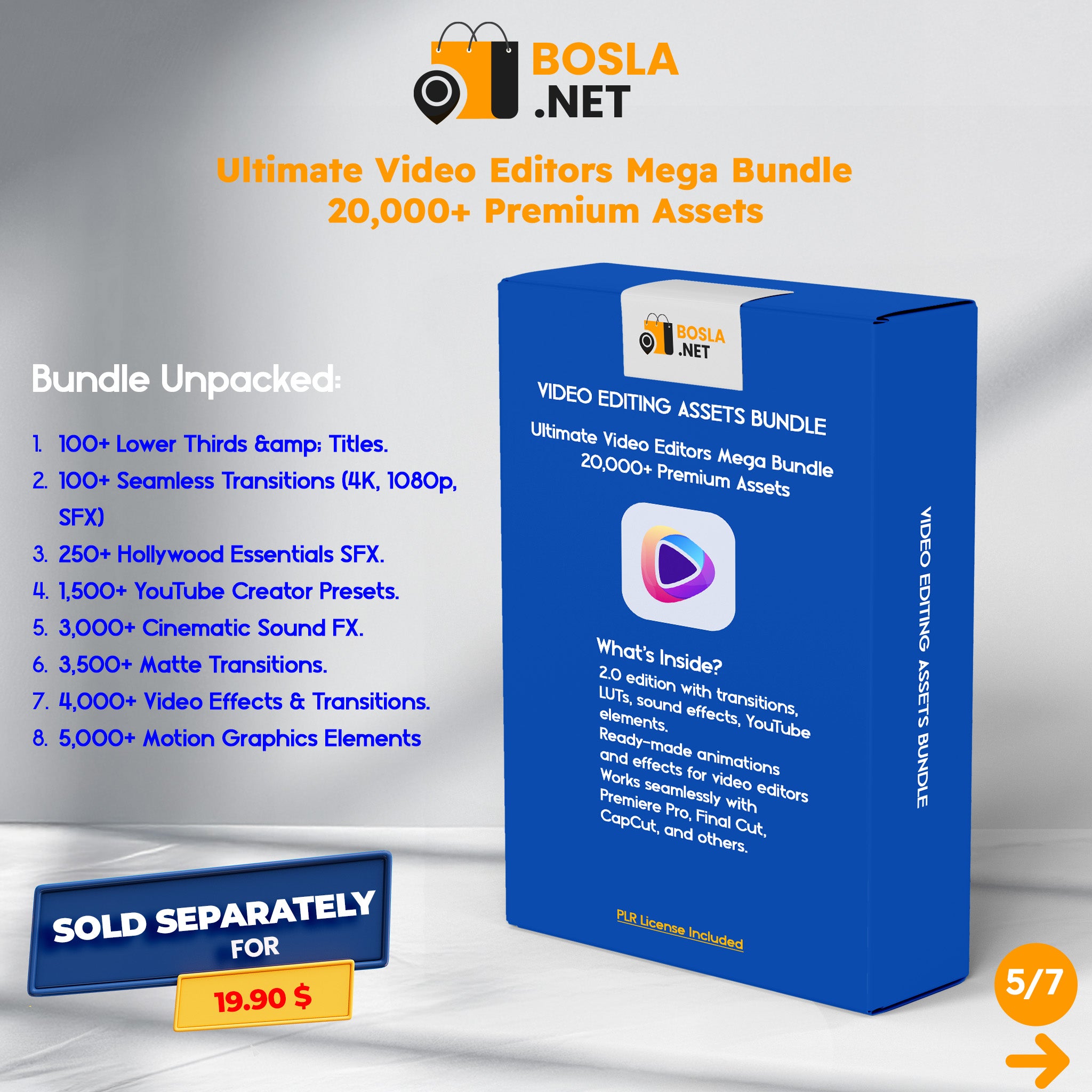 BOSLA.NET video editing assets bundle packaging with features listed on a gray background