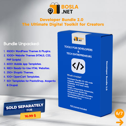 BOSLA.NET Developer Bundle 2.0 packaging with features listed on a gray background