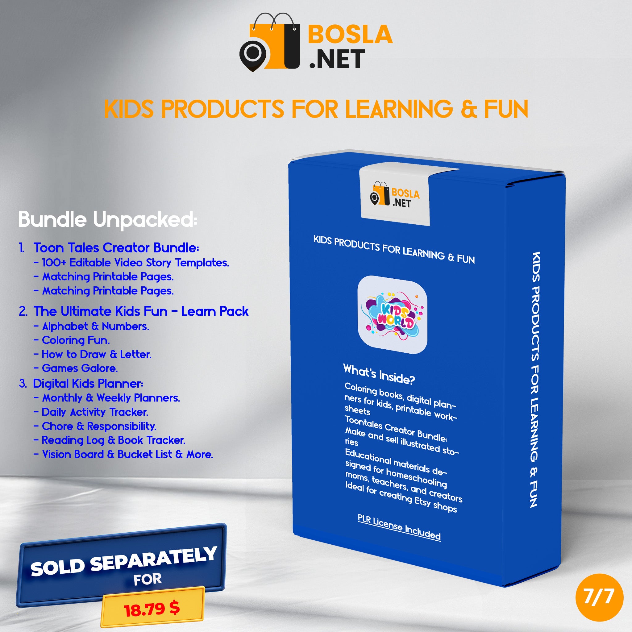 Blue box with educational products for kids on a gray background, featuring Bosla.net branding.