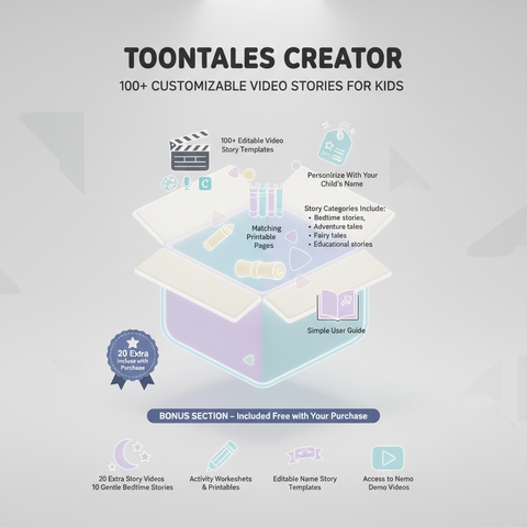 Toontales Creator product description with features and benefits on a light gray background