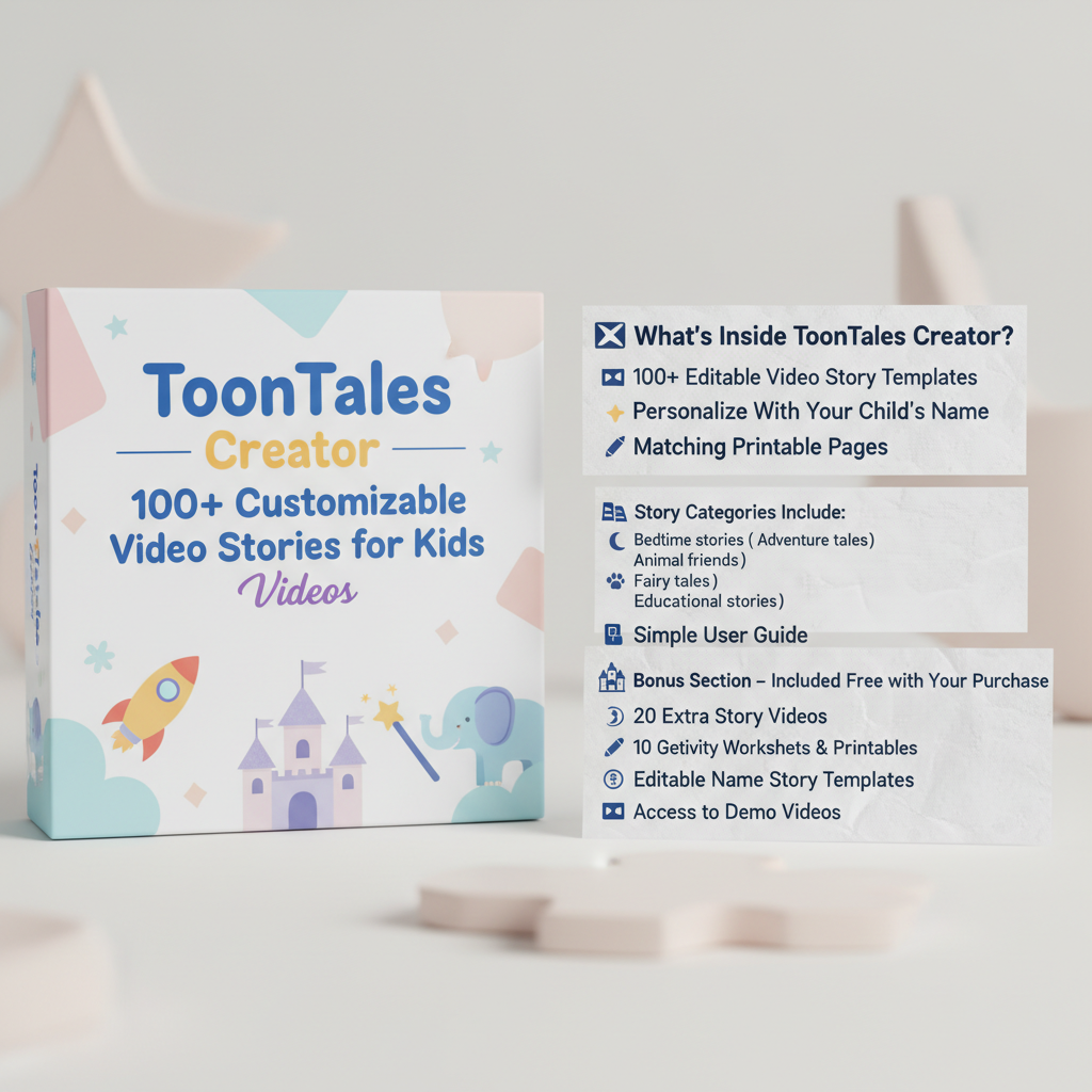 Toon Tales Creator packaging with product details on a light background