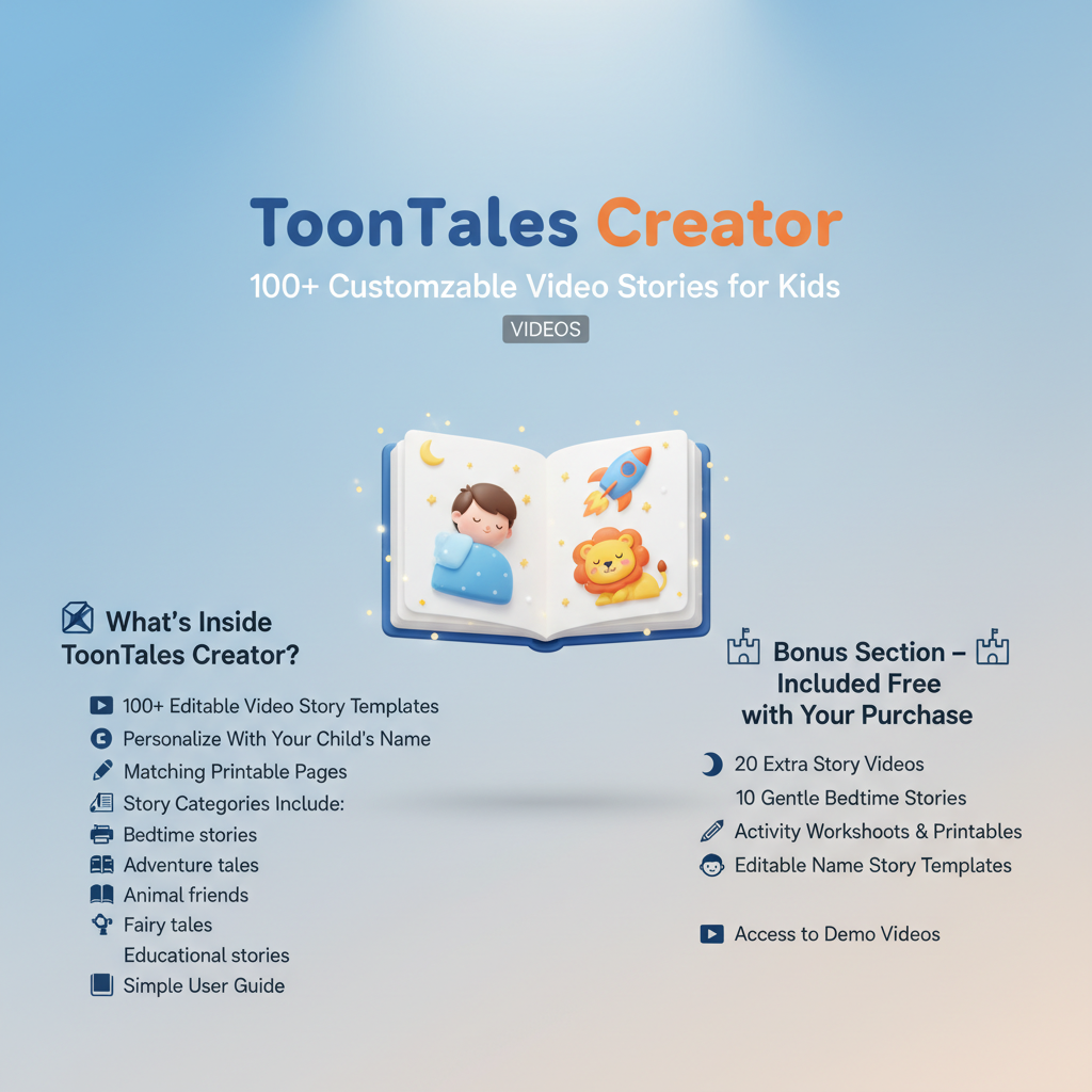 Toon Tales Creator promotional graphic with book illustration and feature list on a blue gradient background