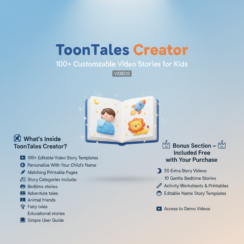 Toon Tales Creator promotional graphic with book illustration and feature list on a blue gradient background
